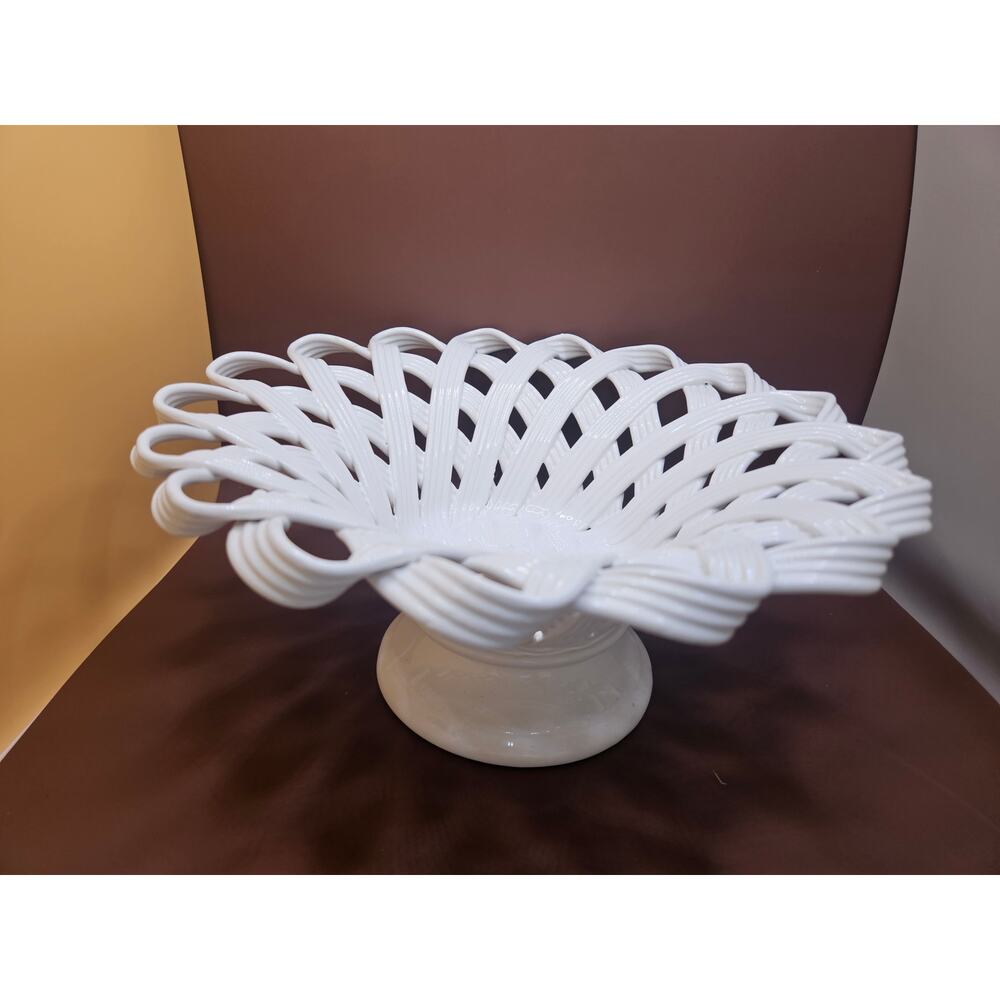 1980s VTG Ceramic woven basket bowl white Vietri Italy 11x5 g72